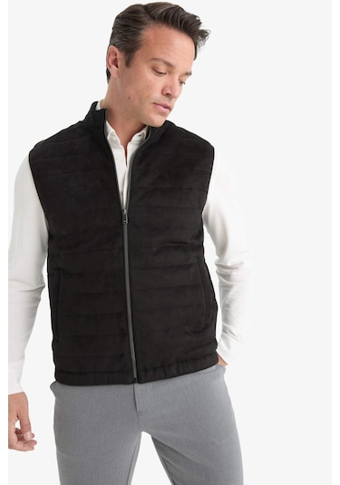 Defacto Slim Fit Dar Kesim Dik Yaka Astarlı Fermuarlı Cepli Mevsimlik Baharlık Süet Yelek F0246ax25aubk27 Siyah