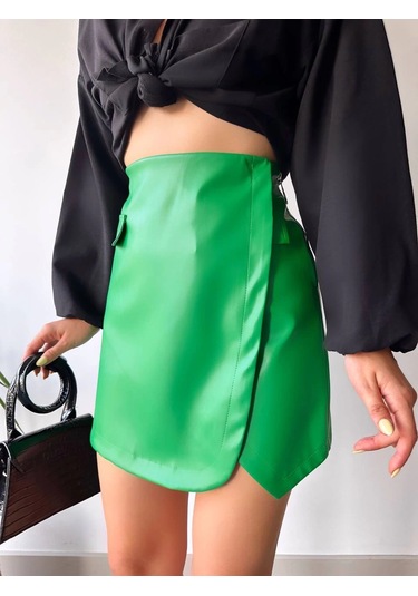 Cep Detaylı Oval Kapaklı Deri Etek Yeşil H240048 Yeşil