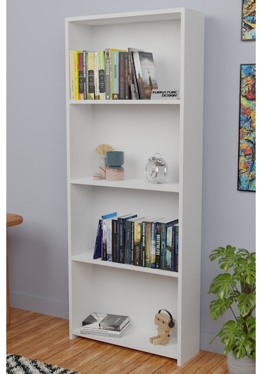 5 Raflı Kitaplık Arkalıklı Geniş Raf Kütüphane 170 Cm Beyaz