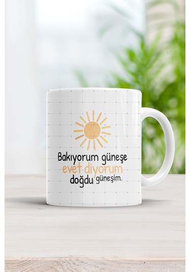 Bakıyorum Güneşe Evet Diyorum Doğdu Güneşim Kupa Bardak Beyaz