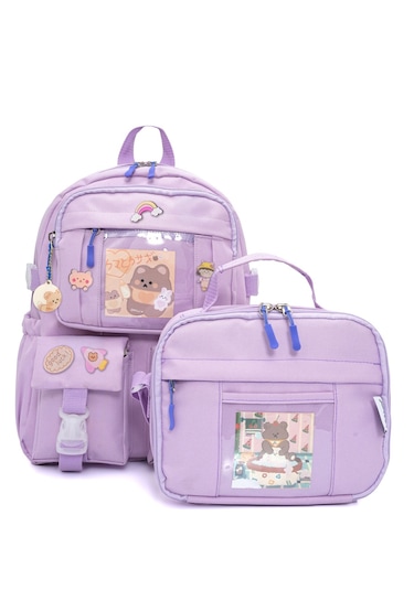 Wia Kawaii Kore Tarzı Ayıcıklı İlkokul Ve Beslenme Çantası Lila