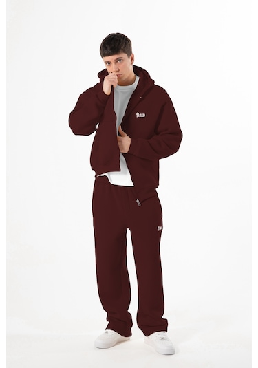 Flaw Nakışlı Zip Hoodie-28826 Bordo