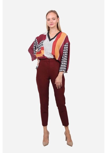 Kadın Geometrik Desenli Blok Renkli Bluz Frn1103 Kırmızı