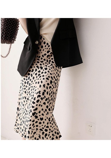 Qooth Kadın Yaz Yüksek Bel Saten Leopar A-line Etek Zarif Vintage Retro Moda Midi Etek Qt1823 Leopar
