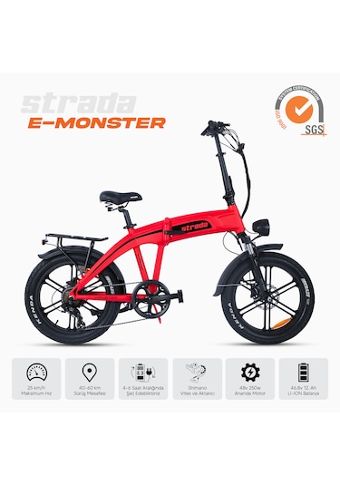 Stradacycles E-monster 20 Jant Katlanabilir Yüksek Torklu Elektrikli Bisiklet Kırmızı