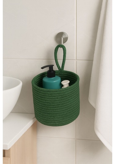 Asep Askılı Halat El Dokuma Banyo Sepeti 25x20cm Duvara Asılabilir Çok Amaçlı Düzenleyici Ve Saklama Yeşil