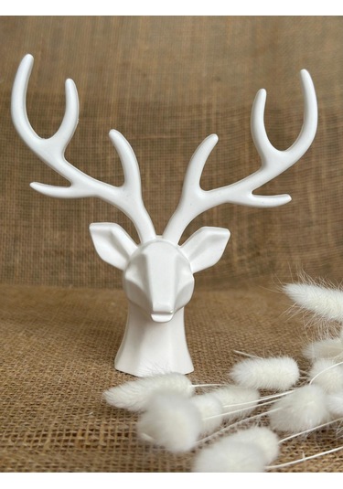 Geyik Heykeli, Büst, Beyaz Renkli El Yapımı Dekoratif Obje, Ev Dekoru