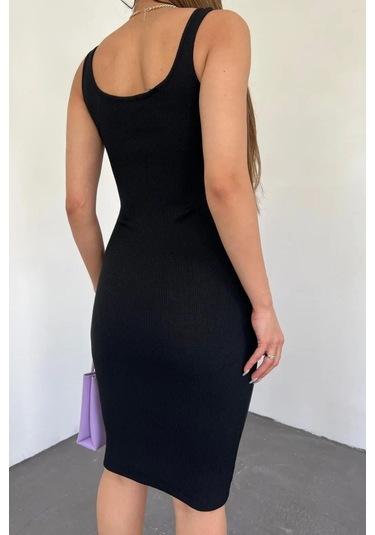 Kadın Kalın Askılı Kare Yaka Kolsuz Kısa Elbise Siyah