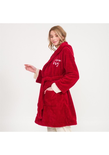 Welsoft Kapüşonlu Peluş Kadın Sabahlık Bordo