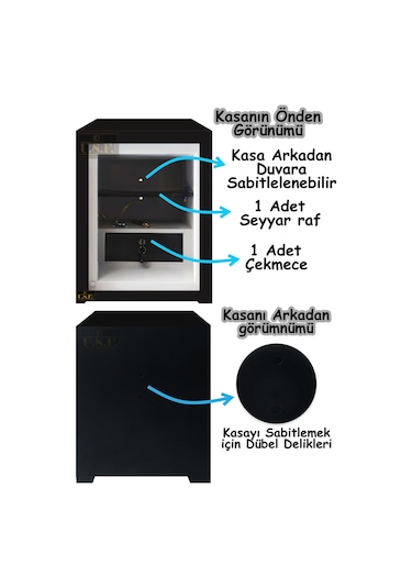 U.S.F Ev ve Ofis Tipi Çelik Çift Anahtarlı Para Kasası 55 CM 40 KG - Siyah