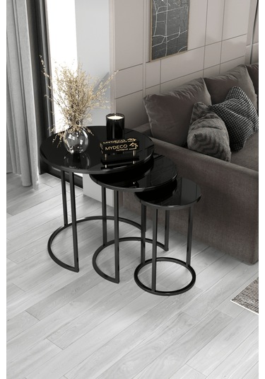 3' lü C Zigon Sehpa Siyah Ayak Siyah Ayna