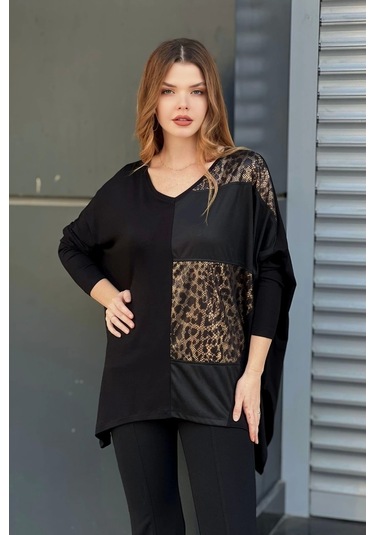 Leopar Desenli Suni Deri Detaylı Bluz Siyah