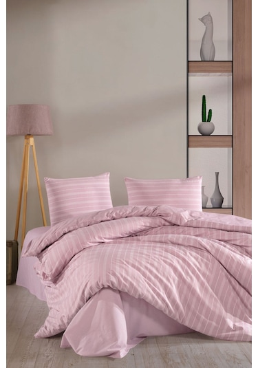 Varol Lastikli Saten Çizgili Çift Kişilik Nevresim Takım Pembe