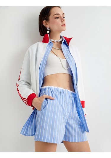Koton Mini Şort Cepli Beli Çift Lastik Detaylı Mavi Çizgili 4sak40068ew Mavi