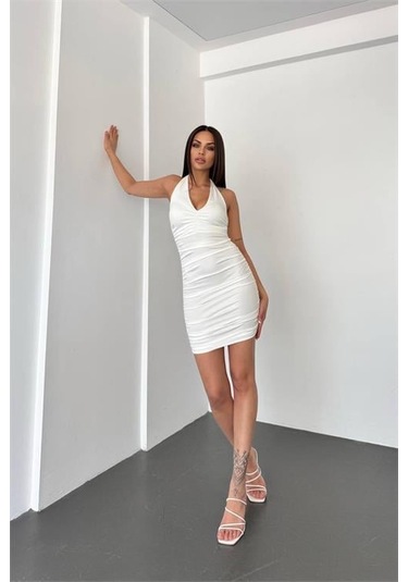 Kadın Boyundan Bağlama Detaylı Mini Elbise Dpnbdf033 BEYAZ