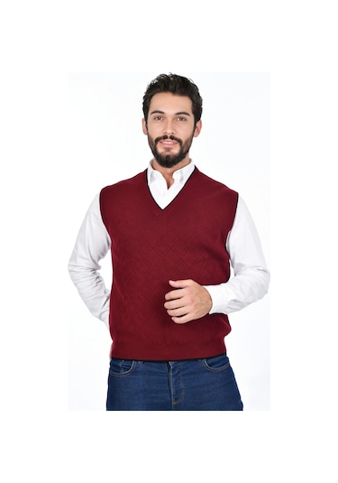 Kamalı Bordo Erkek Çelik Örgü Intersiye Kışlık Kalın Triko V Yaka Triko Örgü Tüylenmez Süveter Bordo