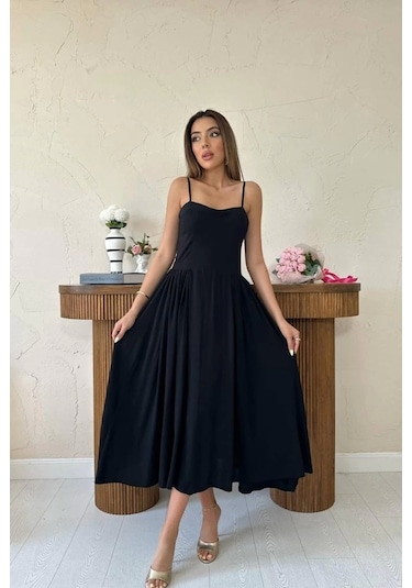 Siyah Göğüs Kuplu Uzun Büzgülü Elbise Siyah