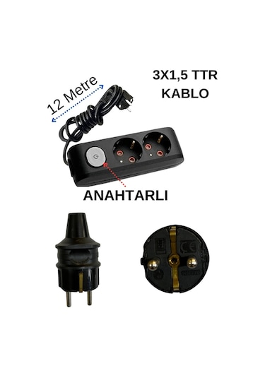 Avarson 2'li İkili Priz Topraklı Anahtarlı Kablolu Siyah 3x1,5 Ttr 12 On İki Metre