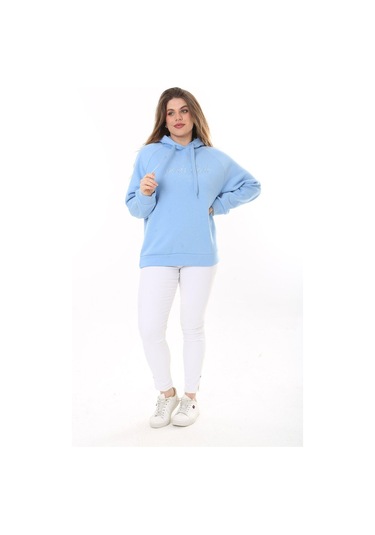 Kadın Büyük Beden Bebe Mavisi İçi Şardonlu 3 İplik Kumaş Kapşonlu Sweatshirt 65n37575-bebe Mavisi Bebek Mavisi