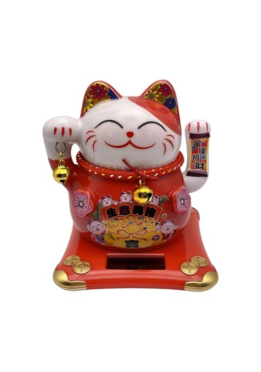 Seramik Maneki Neko Kırmızı Güneş Enerjili Şans Kedisi 12cm No.1