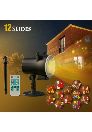 Led Noel Projeksiyon Lambası, 12 Desen, Rf Kumanda, 3-5m Uzaklık, Avrupa Standartı