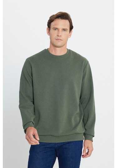 Ac&Co / Altınyıldız Classics  Erkek Hakı 2 İplik Sıcak Tutan Standart Fit Normal Kesim Bisiklet Yaka Sweatshirt Hakı Haki