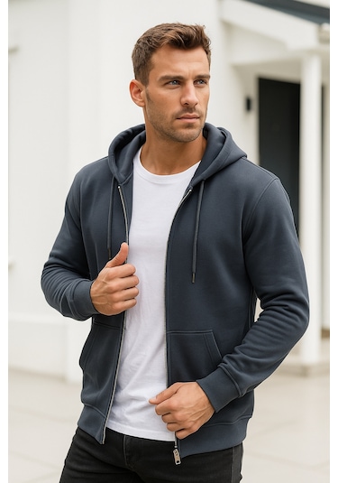 Rich Erkek Füme Kapüşonlu Kanguru Cepli Fermuarlı Sweatshirt Füme