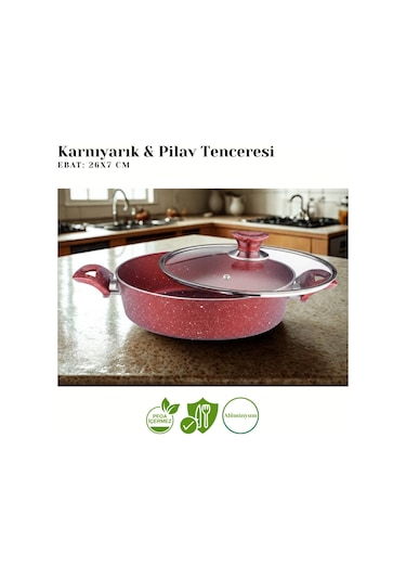 26 Cm Granit Karnıyarık & Pilav Tenceresi Cam Kapak - Kırmızı Kırmızı