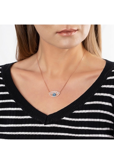 Zirkon-Turkuaz Taşlı Rose Renk 925 Ayar Gümüş Göz Kolye (459601982)