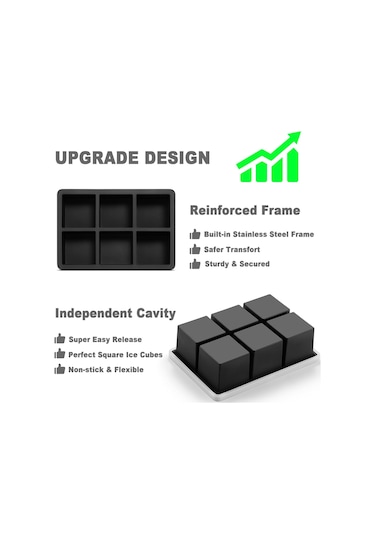 Ruicoo Büyük Boy Kare Buz Kalıbı Seti - 3'lü Silikon Buz Tepsisi, Kokteyller İçin İdeal Siyah