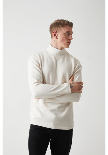 R-5849 Boğazlı Düz Örme Kazak Sweat Ekru