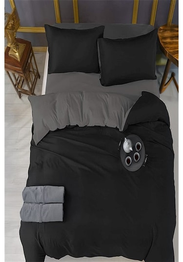 Lastikli Çarşaflı Çift Kişilik Nevresim Takımı Antrasit - Siyah