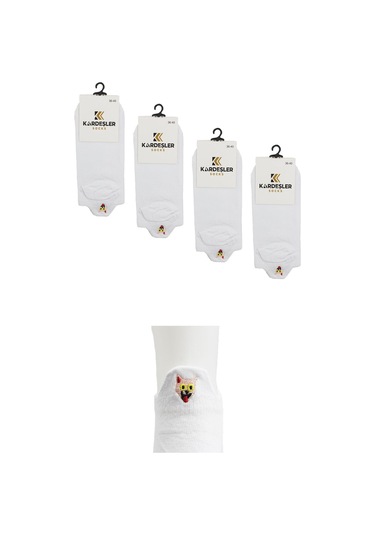 Kadın Beyaz Renkli Nakışlı Pamuklu Patik Çorap 4'lü Paket Beyaz