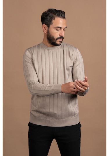 Sıfır Yaka Kendinden Çizgili Likralı Akrilik Mevsimlik Kazak Açık Kahverengi