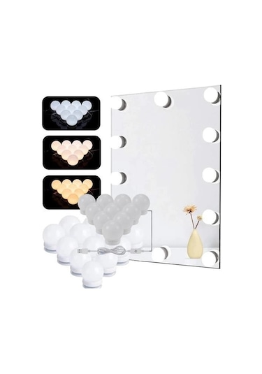 Buffer Nostalji Hollywood Tarzı 10lu Makyaj Masası Aynası Beyaz Led Işıklı Lamba Usb Renk