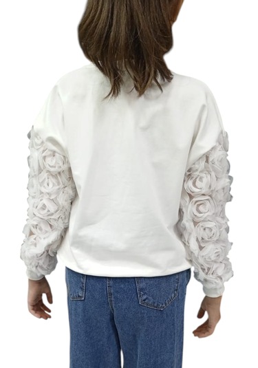 Kız Çocuk Tül Kollu Gül Detaylı Sweatshirt Ve Bol Paça Kot Pantolon Takımı Beyaz