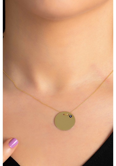 14 Ayar Altın Nazar Gözlü Plaka Altın Kolye 45 Cm Uzunluk 2,5 Cm Çapında Plaka