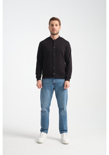 Shooter Sportswear Erkek Sweatshirt Düğmeli Ekru Standart Kalıp Siyah