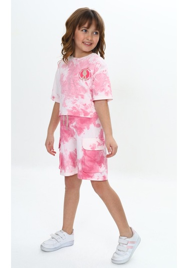 Toontoy Kız Çocuk Batikli Tavşan Baskılı Şortlu Takım Gülkurusu
