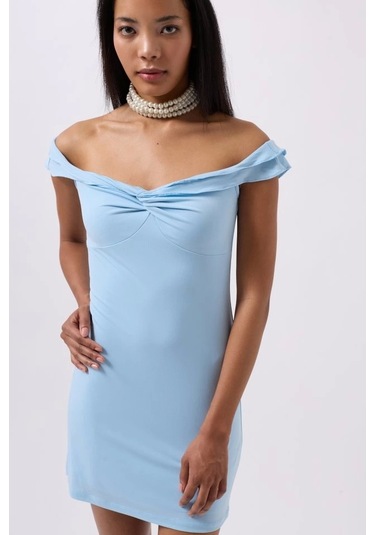 Büzgü Detay Omuz Askılı Mini Elbise Bebe Mavi