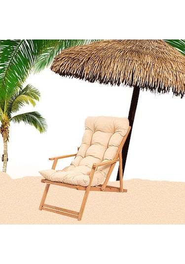 Ahşap Şezlong Sandalye Katlanır Minderli -sütlü Kahve