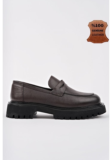Muggo Paradise Hakiki Deri Kalın Taban Günlük Casual Makosen Kadın Loafer Ayakkabı Kahverengi