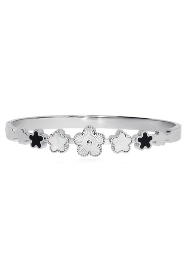 Kadın Siyah Ve Beyaz Renk Yonca Detay Çelik Bilezik Gümüş