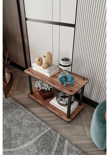 2 Katlı Dekoratif Diktörtgen Kitaplık Ceviz Ceviz