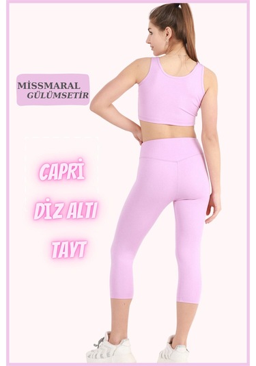 Kadın Kapri Tayt Diz Altı Lila Yüksek Bel Toparlayıcı Dar Paça Karyoka Dikiş Detaylı Capri 1020 Lila