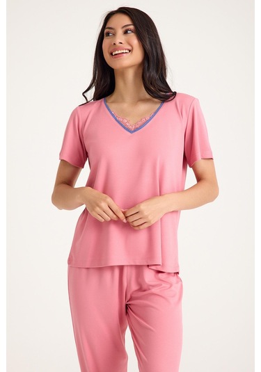 Dream Pembe Viskon V Yaka Dantel Detaylı Pijama Takımı Pembe