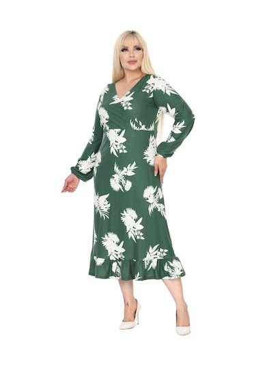 Melsay Butik Kışlık Yumoş Kumaş Kruvaze Yaka Yeşil Beyaz Yaprak Desen Eteği Fırfırlı Midi Elbise Yeşil