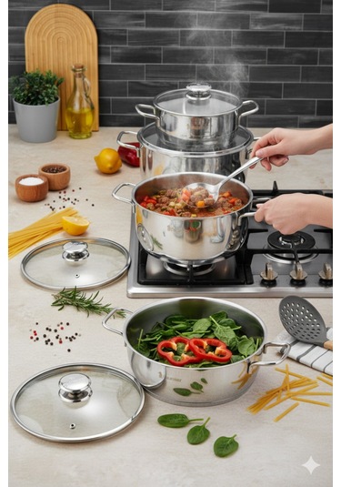 Polochef Vistal 18/10 Paslanmaz Çelik 8 Parça Derin Ve Pilav Tencere Seti 16-20-24 Cm-24cm Gümüş