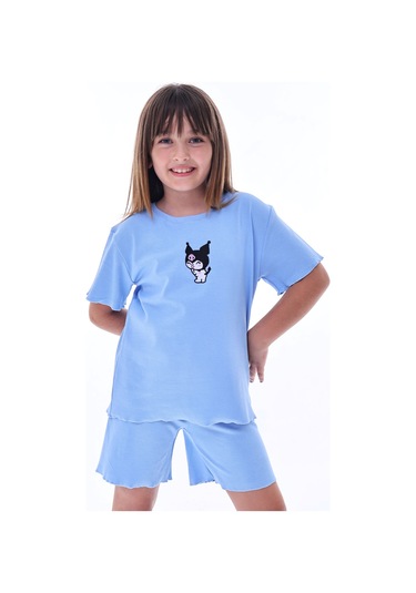 Ribana Beybi Overlok Detaylı Kuromi Nakışlı Alt-üst Takım Bebe Mavi