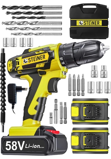 Steiner V-tech 58 V 5 Ah Darbeli Şarjlı Çift Akülü Vidalama Matkap Sarı